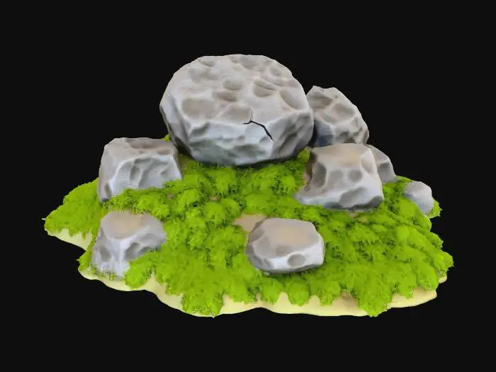 3D model for A small, natural cluster of boulders and rocks of varying sizes and irregular, angular shapes forms a compact pile. Each rock is composed of rough, grey-brown stone with visible iron stained mineral veins. They are heavily blanketed in a thick, vibrant green moss, giving them a soft, spongy, and slightly damp texture. The moss creates an organic, rounded overlay on the rugged stone.