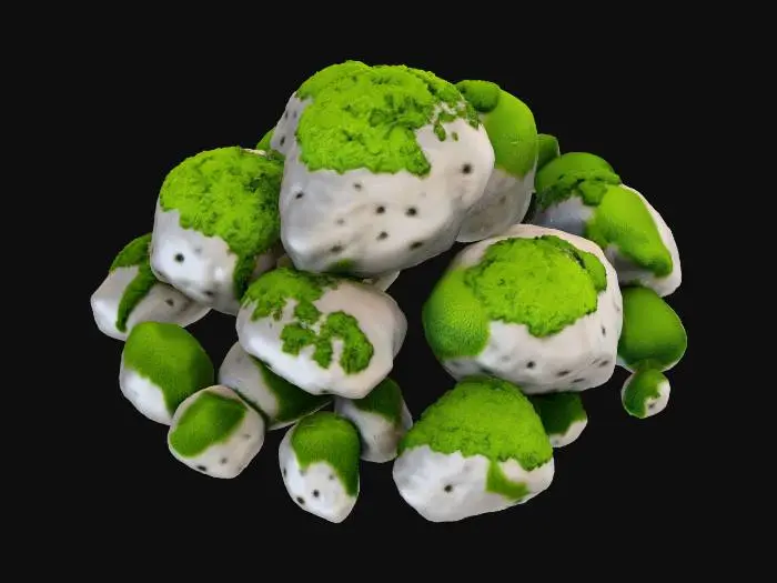 3D model for A small, natural cluster of boulders and rocks of varying sizes and irregular, angular shapes forms a compact pile. Each rock is composed of rough, grey-brown stone with visible iron stained mineral veins. They are heavily blanketed in a thick, vibrant green moss, giving them a soft, spongy, and slightly damp texture. The moss creates an organic, rounded overlay on the rugged stone.