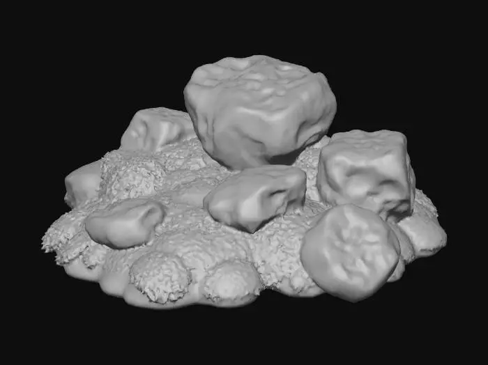 3D model for A small, natural cluster of boulders and rocks of varying sizes and irregular, angular shapes forms a compact pile. Each rock is composed of rough, grey-brown stone with visible iron stained mineral veins. They are heavily blanketed in a thick, vibrant green moss, giving them a soft, spongy, and slightly damp texture. The moss creates an organic, rounded overlay on the rugged stone.