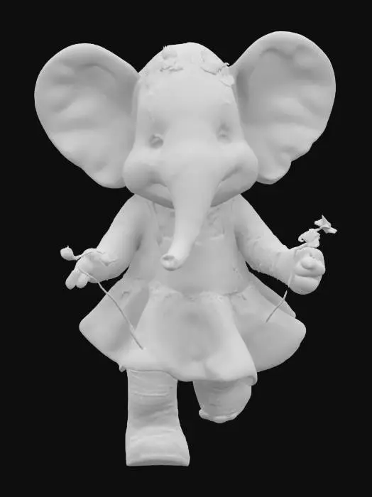 3D model for A anthropromorphic baby elephant wearing a flowery sun dress, carrying loose picked daisies, running and laughing, highly detailed skin, highly detailed,