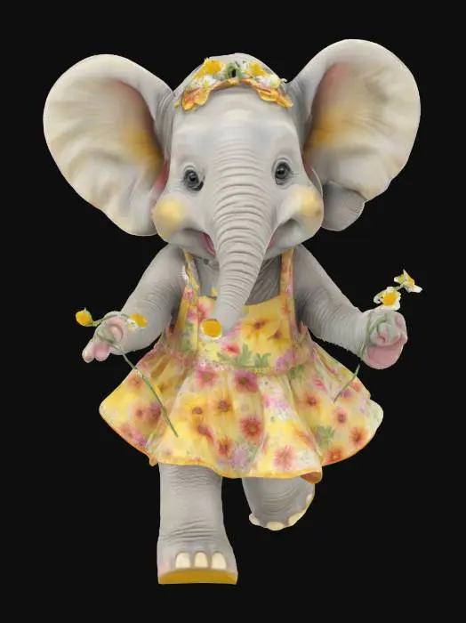 3D model for A anthropromorphic baby elephant wearing a flowery sun dress, carrying loose picked daisies, running and laughing, highly detailed skin, highly detailed,