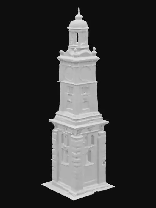 3D model for A towering clock tower made of large granite slabs at the base, made of alabaster marble brick, highly detailed, fancy brickwork, slate roof tiles, fancy crown molding supports