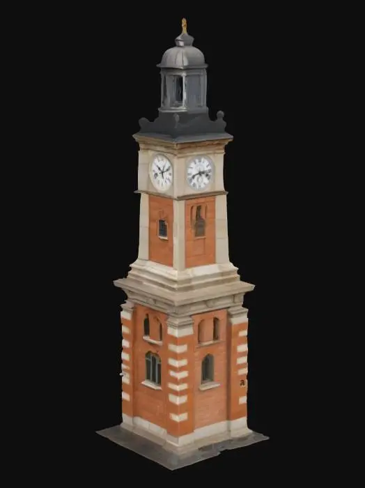 3D model for A towering clock tower made of large granite slabs at the base, made of alabaster marble brick, highly detailed, fancy brickwork, slate roof tiles, fancy crown molding supports