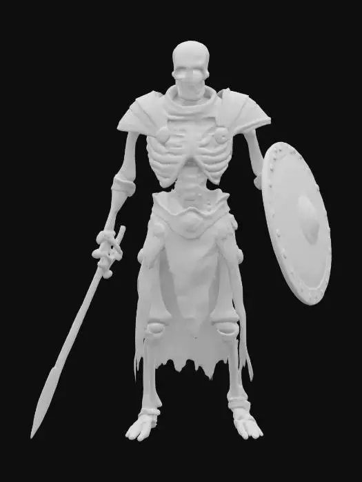 3D model for A Skelton warrior , wearing worn out and torn leather armor, wielding a broken medium size buckler shield and a chipped and rusty longsword, Anime Style, HDR, Detailed