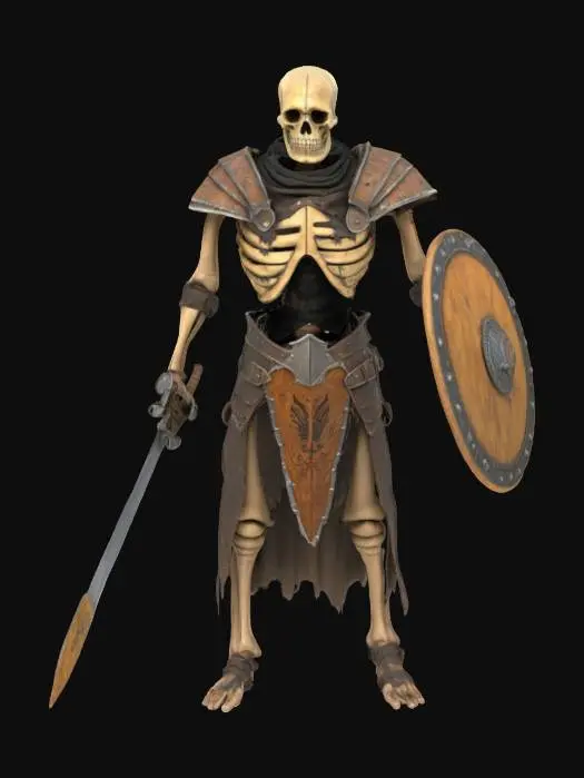 3D model for A Skelton warrior , wearing worn out and torn leather armor, wielding a broken medium size buckler shield and a chipped and rusty longsword, Anime Style, HDR, Detailed