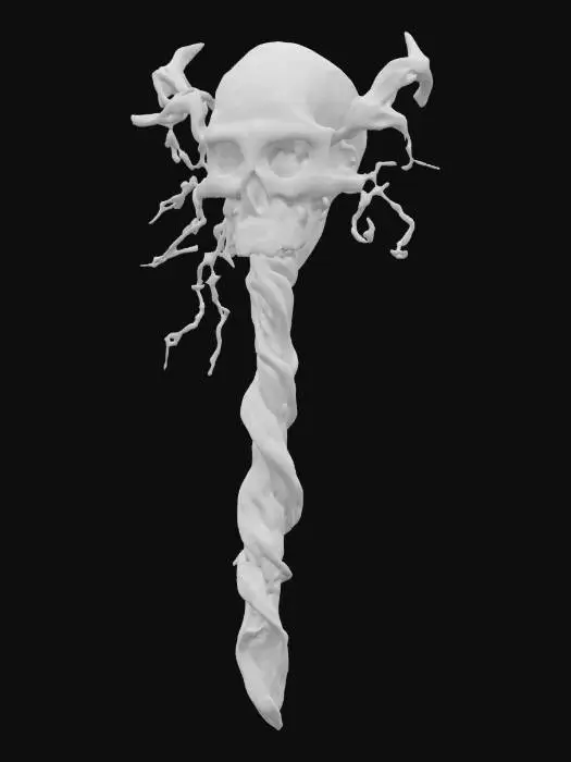3D model for Anime Style, HDR, Detailed, A gnarled Wooden Staff adorned with a large skull