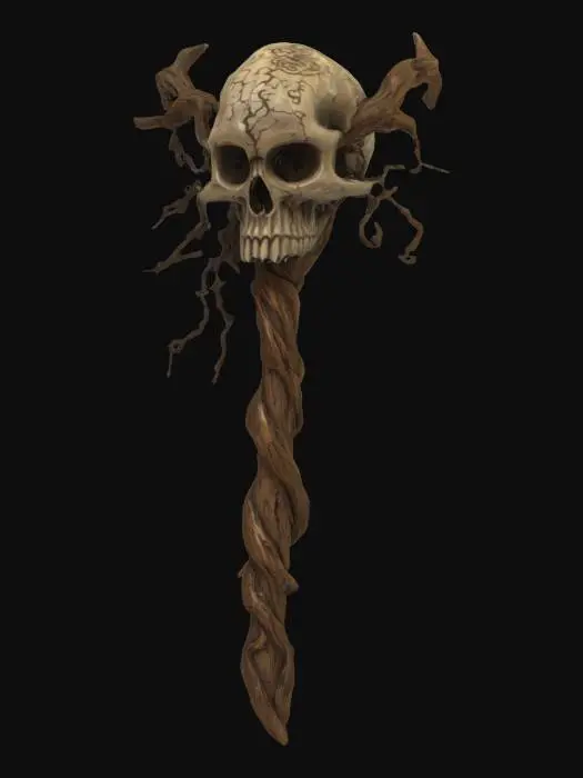 3D model for Anime Style, HDR, Detailed, A gnarled Wooden Staff adorned with a large skull