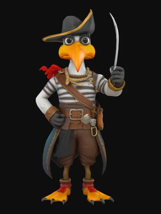 3D model for A cartoon Style anthropomorphic Seagull-man Pirate captain, HDR