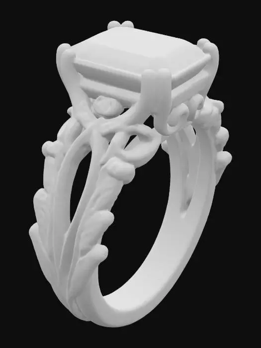 3D model for An antique-inspired sterling silver ring, slightly oxidized for depth, features a smoky gray princess-cut quartz. The thick split shank design incorporates organic, flowing twists that appear almost vine-like, with subtle engraved patterns enhancing its aged, rustic texture. The cool, weighty feel of the metal combined with its darkened crevices gives it a tangible sense of history.