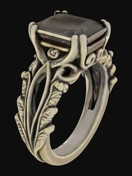 3D model for An antique-inspired sterling silver ring, slightly oxidized for depth, features a smoky gray princess-cut quartz. The thick split shank design incorporates organic, flowing twists that appear almost vine-like, with subtle engraved patterns enhancing its aged, rustic texture. The cool, weighty feel of the metal combined with its darkened crevices gives it a tangible sense of history.