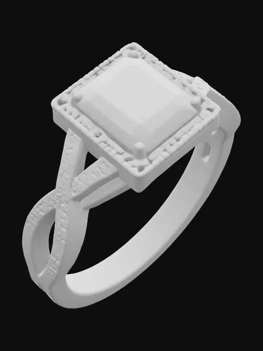 3D model for This warm rose gold ring showcases a captivating deep blue princess-cut sapphire at its heart, framed by a delicate pavé halo. The intricate split shank design features two slender, textured bands that intertwine with a gentle, flowing twist, leading up to the central stone. Its subtly granular surface and smooth interior offer a luxurious, refined tactile experience.