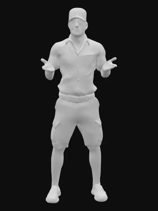 3D model for A medium Height Man, wearing a button down shirt and Khaki cargo shorts with a gold fabric ball cap, highly detailed fabric textures, detailed face, HDR