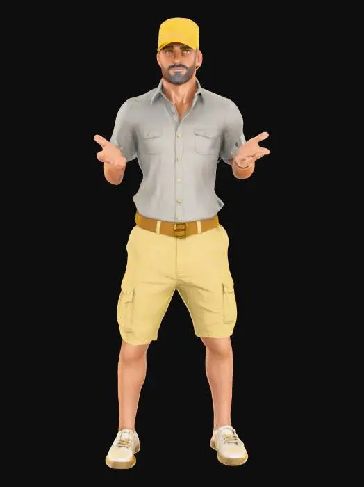 3D model for A medium Height Man, wearing a button down shirt and Khaki cargo shorts with a gold fabric ball cap, highly detailed fabric textures, detailed face, HDR
