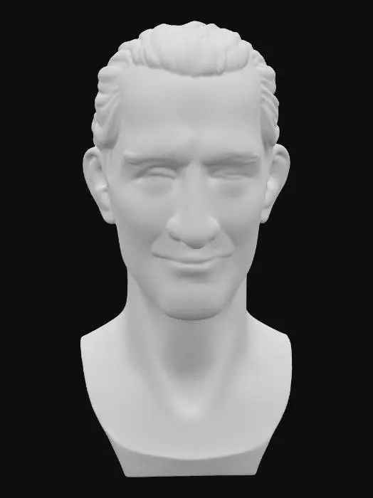 3D model for A solid, dark grey granite bust with a rough, chiseled texture and subtle specks of lighter mineral. The central face, finely polished, displays gentle, empathetic features with a soft smile and crinkled eyes conveying deep compassion and happiness. To the right, a serene profile is smoothly carved, showing closed eyes and a tranquil, peaceful expression. The left profile, roughly hewn, contorts with a sharp, furrowed brow and an open, snarling mouth, capturing a vivid depiction of anger and haste.