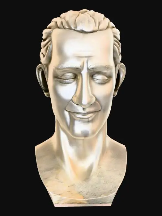 3D model for A solid, dark grey granite bust with a rough, chiseled texture and subtle specks of lighter mineral. The central face, finely polished, displays gentle, empathetic features with a soft smile and crinkled eyes conveying deep compassion and happiness. To the right, a serene profile is smoothly carved, showing closed eyes and a tranquil, peaceful expression. The left profile, roughly hewn, contorts with a sharp, furrowed brow and an open, snarling mouth, capturing a vivid depiction of anger and haste.