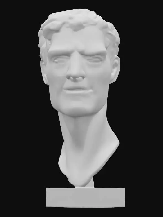 3D model for A solid, dark grey granite bust with a rough, chiseled texture and subtle specks of lighter mineral. The central face, finely polished, displays gentle, empathetic features with a soft smile and crinkled eyes conveying deep compassion and happiness. To the right, a serene profile is smoothly carved, showing closed eyes and a tranquil, peaceful expression. The left profile, roughly hewn, contorts with a sharp, furrowed brow and an open, snarling mouth, capturing a vivid depiction of anger and haste.