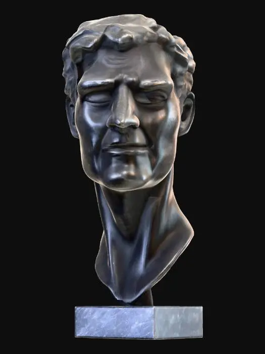 3D model for A solid, dark grey granite bust with a rough, chiseled texture and subtle specks of lighter mineral. The central face, finely polished, displays gentle, empathetic features with a soft smile and crinkled eyes conveying deep compassion and happiness. To the right, a serene profile is smoothly carved, showing closed eyes and a tranquil, peaceful expression. The left profile, roughly hewn, contorts with a sharp, furrowed brow and an open, snarling mouth, capturing a vivid depiction of anger and haste.