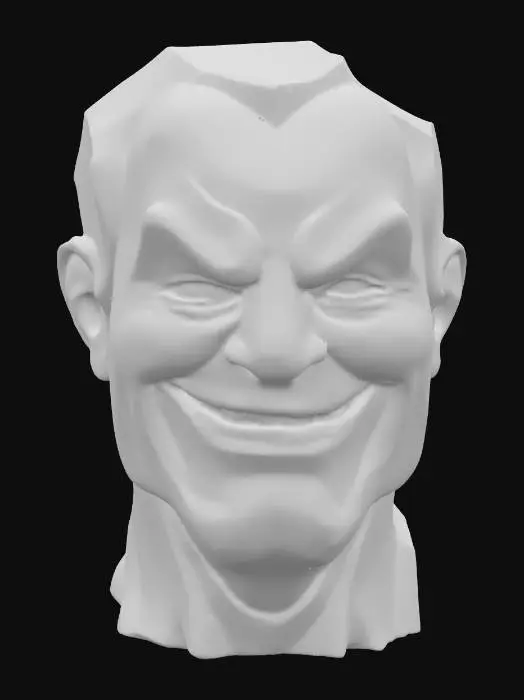 3D model for A solid, dark grey granite bust with a rough, chiseled texture and subtle specks of lighter mineral. The central face, finely polished, displays gentle, empathetic features with a soft smile and crinkled eyes conveying deep compassion and happiness. To the right, a serene profile is smoothly carved, showing closed eyes and a tranquil, peaceful expression. The left profile, roughly hewn, contorts with a sharp, furrowed brow and an open, snarling mouth, capturing a vivid depiction of anger and haste.