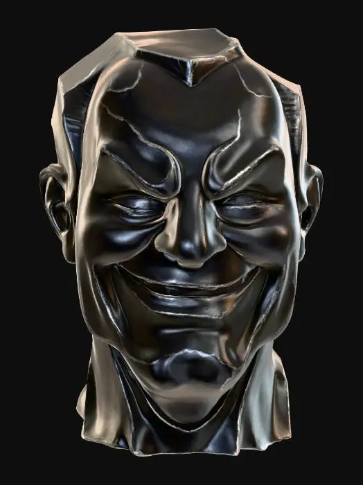 3D model for A solid, dark grey granite bust with a rough, chiseled texture and subtle specks of lighter mineral. The central face, finely polished, displays gentle, empathetic features with a soft smile and crinkled eyes conveying deep compassion and happiness. To the right, a serene profile is smoothly carved, showing closed eyes and a tranquil, peaceful expression. The left profile, roughly hewn, contorts with a sharp, furrowed brow and an open, snarling mouth, capturing a vivid depiction of anger and haste.