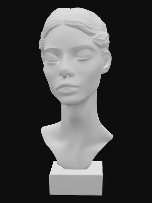 3D model for A solid, dark grey granite bust with a rough, chiseled texture and subtle specks of lighter mineral. The central face, finely polished, displays gentle, empathetic features with a soft smile and crinkled eyes conveying deep compassion and happiness. To the right, a serene profile is smoothly carved, showing closed eyes and a tranquil, peaceful expression. The left profile, roughly hewn, contorts with a sharp, furrowed brow and an open, snarling mouth, capturing a vivid depiction of anger and haste.