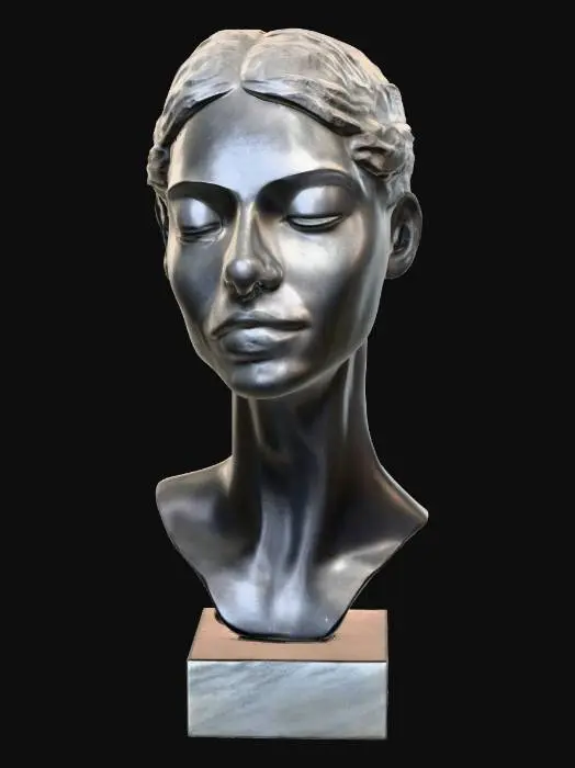 3D model for A solid, dark grey granite bust with a rough, chiseled texture and subtle specks of lighter mineral. The central face, finely polished, displays gentle, empathetic features with a soft smile and crinkled eyes conveying deep compassion and happiness. To the right, a serene profile is smoothly carved, showing closed eyes and a tranquil, peaceful expression. The left profile, roughly hewn, contorts with a sharp, furrowed brow and an open, snarling mouth, capturing a vivid depiction of anger and haste.