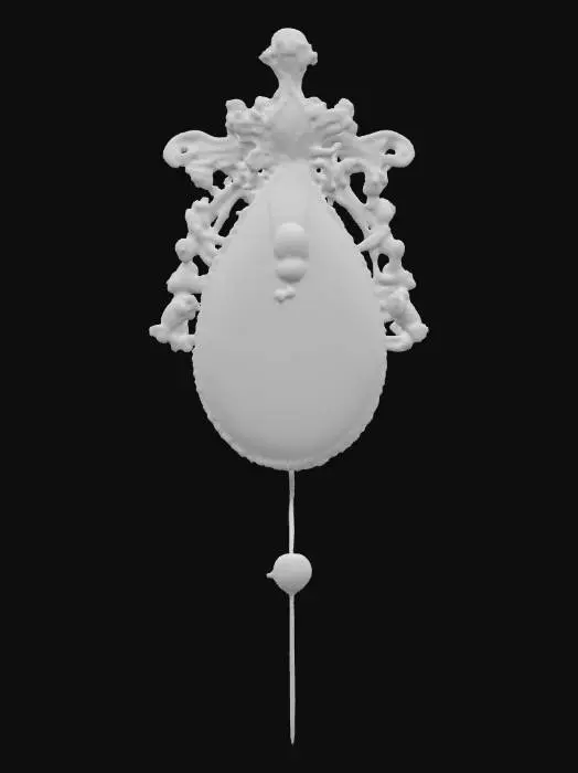 3D model for A long, slender hair pin, characteristic of Victorian elegance, features a silver body intricately embossed with floral motifs. The head of the pin is adorned with a large, teardrop-shaped mother of pearl piece, exhibiting a creamy white color with faint pink and green overtones. It is framed by a delicate border of minute, square-cut emeralds and tiny, round sapphires, creating a captivating sparkle.