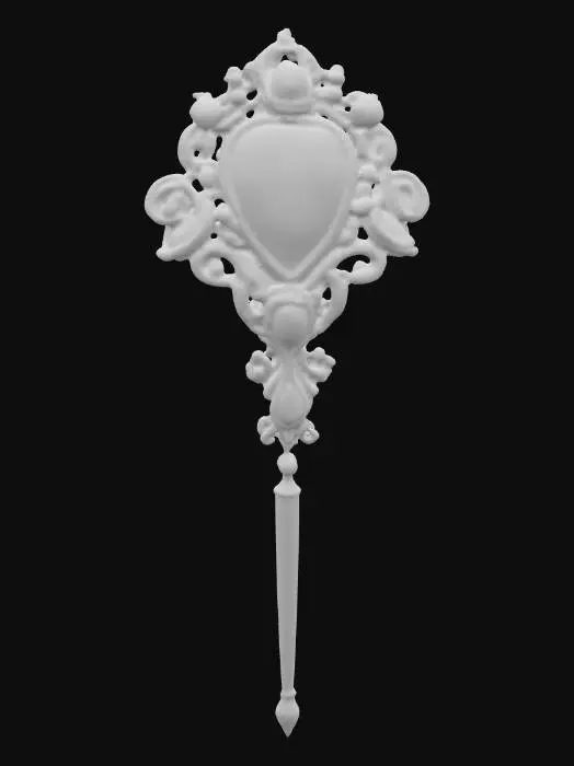 3D model for A Victorian-style hair pin, primarily crafted from polished sterling silver, features a central oval-shaped mother of pearl inlay with a subtly iridescent sheen. The silver frame is intricately sculpted with delicate filigree scrollwork, accented by tiny, bezel-set emeralds at each cardinal point and small, deep blue sapphires nestled within the curves of the design, giving it a luxurious, antique appeal.