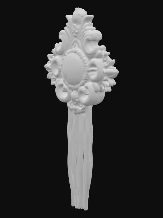 3D model for A Victorian-style hair pin, primarily crafted from polished sterling silver, features a central oval-shaped mother of pearl inlay with a subtly iridescent sheen. The silver frame is intricately sculpted with delicate filigree scrollwork, accented by tiny, bezel-set emeralds at each cardinal point and small, deep blue sapphires nestled within the curves of the design, giving it a luxurious, antique appeal.