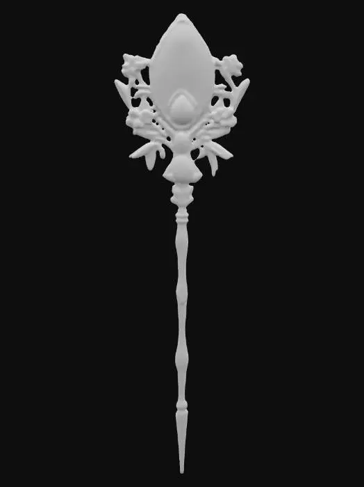3D model for A long, slender hair pin, characteristic of Victorian elegance, features a silver body intricately embossed with floral motifs. The head of the pin is adorned with a large, teardrop-shaped mother of pearl piece, exhibiting a creamy white color with faint pink and green overtones. It is framed by a delicate border of minute, square-cut emeralds and tiny, round sapphires, creating a captivating sparkle.