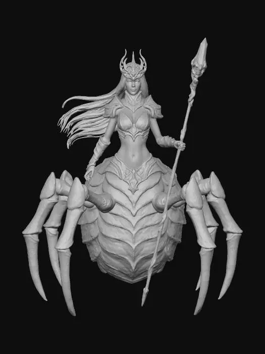 3D model for A formidable arachne creature with a slender female torso, pale skin, and long dark hair. She wears an ornate, dark, armored bustier with gold accents and amethyst-like gems, complemented by a spiky crown and dark armaments. Her lower body is a large, segmented spider carapace, dark grey with a textured, chitinous appearance, supporting eight robust, pointed legs. She stands upright, holding a slender staff capped with a glowing teal crystal.