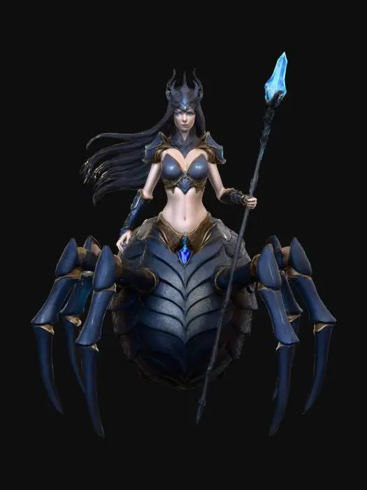 3D model for A formidable arachne creature with a slender female torso, pale skin, and long dark hair. She wears an ornate, dark, armored bustier with gold accents and amethyst-like gems, complemented by a spiky crown and dark armaments. Her lower body is a large, segmented spider carapace, dark grey with a textured, chitinous appearance, supporting eight robust, pointed legs. She stands upright, holding a slender staff capped with a glowing teal crystal.