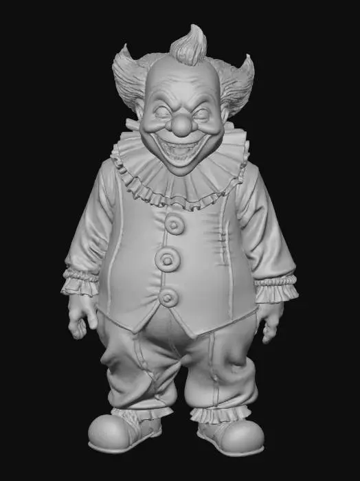 3D model for A comically exaggerated killer clown features a bulbous, slightly deflated head and a wide, unsettling grin revealing sharp, yellowed teeth. Its manic eyes are outlined in smeared black makeup. It wears a tattered, oversized suit of vibrant orange and sickly purple satin, adorned with large, blood-splattered buttons and a massive, dirty white ruffled collar. The fabric appears worn, slightly greasy, and soft to the touch., #Halloween2025#