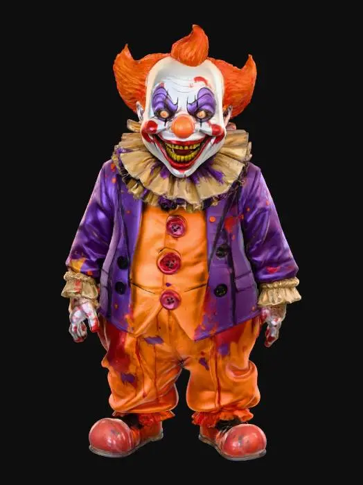 3D model for A comically exaggerated killer clown features a bulbous, slightly deflated head and a wide, unsettling grin revealing sharp, yellowed teeth. Its manic eyes are outlined in smeared black makeup. It wears a tattered, oversized suit of vibrant orange and sickly purple satin, adorned with large, blood-splattered buttons and a massive, dirty white ruffled collar. The fabric appears worn, slightly greasy, and soft to the touch., #Halloween2025#