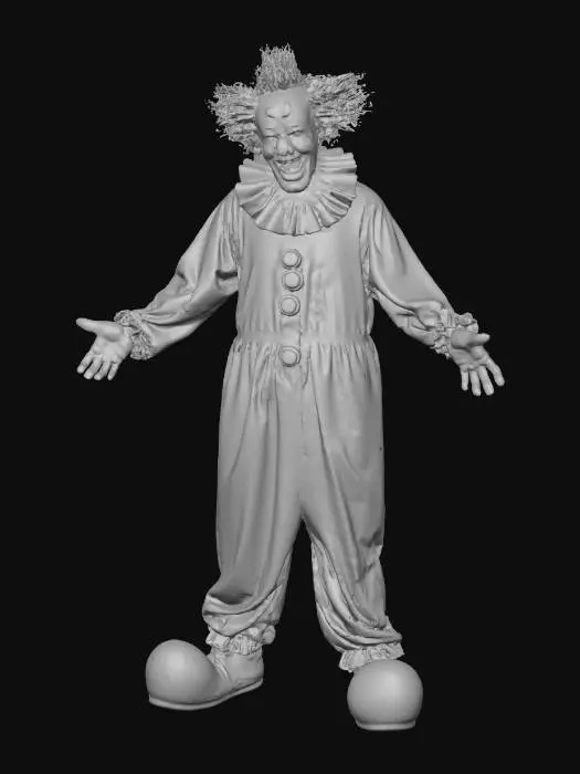 3D model for A comically exaggerated killer clown features a bulbous, slightly deflated head and a wide, unsettling grin revealing sharp, yellowed teeth. Its manic eyes are outlined in smeared black makeup. It wears a tattered, oversized suit of vibrant orange and sickly purple satin, adorned with large, blood-splattered buttons and a massive, dirty white ruffled collar. The fabric appears worn, slightly greasy, and soft to the touch., #Halloween2025#