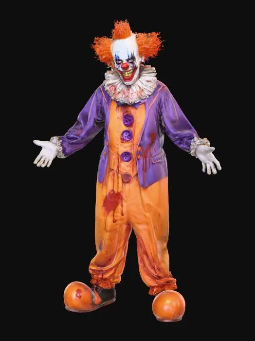3D model for A comically exaggerated killer clown features a bulbous, slightly deflated head and a wide, unsettling grin revealing sharp, yellowed teeth. Its manic eyes are outlined in smeared black makeup. It wears a tattered, oversized suit of vibrant orange and sickly purple satin, adorned with large, blood-splattered buttons and a massive, dirty white ruffled collar. The fabric appears worn, slightly greasy, and soft to the touch., #Halloween2025#