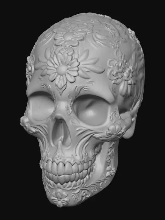 3D model for #Halloween2025#, A beautiful, finely crafted sugar skull features a perfectly symmetrical shape with delicate, rounded contours. Its surface possesses a slightly porous, finely granulated texture, hinting at compressed sugar. Elaborate, swirling floral and geometric patterns in vibrant fuchsia, electric blue, and shimmering gold are meticulously painted across its forehead, eye sockets, and cheeks. The overall impression is one of intricate artistry, sweet fragility, and a smooth yet slightly coarse feel.
