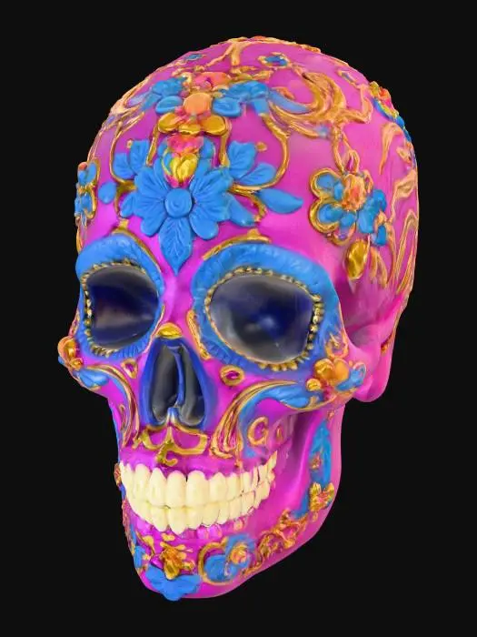 3D model for #Halloween2025#, A beautiful, finely crafted sugar skull features a perfectly symmetrical shape with delicate, rounded contours. Its surface possesses a slightly porous, finely granulated texture, hinting at compressed sugar. Elaborate, swirling floral and geometric patterns in vibrant fuchsia, electric blue, and shimmering gold are meticulously painted across its forehead, eye sockets, and cheeks. The overall impression is one of intricate artistry, sweet fragility, and a smooth yet slightly coarse feel.