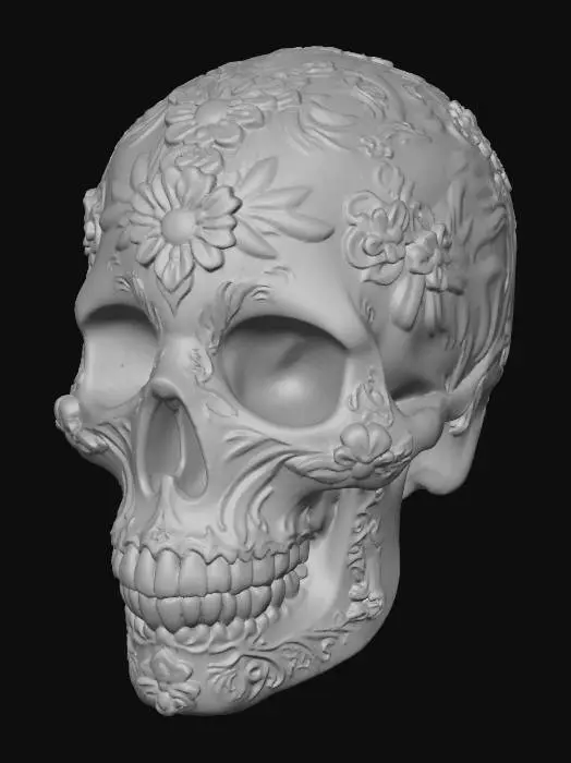 3D model for #Halloween2025#, A beautiful, finely crafted sugar skull features a perfectly symmetrical shape with delicate, rounded contours. Its surface possesses a slightly porous, finely granulated texture, hinting at compressed sugar. Elaborate, swirling floral and geometric patterns in vibrant fuchsia, electric blue, and shimmering gold are meticulously painted across its forehead, eye sockets, and cheeks. The overall impression is one of intricate artistry, sweet fragility, and a smooth yet slightly coarse feel.