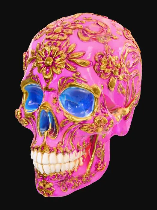 3D model for #Halloween2025#, A beautiful, finely crafted sugar skull features a perfectly symmetrical shape with delicate, rounded contours. Its surface possesses a slightly porous, finely granulated texture, hinting at compressed sugar. Elaborate, swirling floral and geometric patterns in vibrant fuchsia, electric blue, and shimmering gold are meticulously painted across its forehead, eye sockets, and cheeks. The overall impression is one of intricate artistry, sweet fragility, and a smooth yet slightly coarse feel.