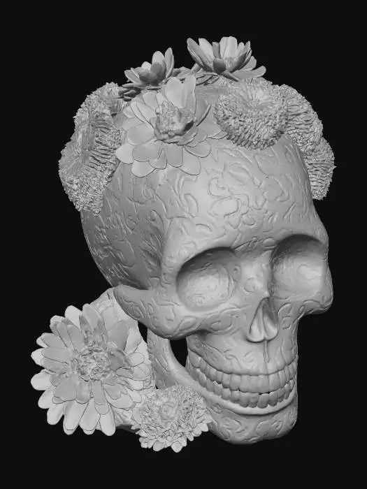 3D model for #Halloween2025#, An elaborate Dia de los Muertos alter stands, meticulously arranged. Multicolored sugar skulls and vibrant, glossy candies are stacked alongside plush, velvety marigold blooms in brilliant orange and gold. Slender, unlit incense sticks, dark and fragrant, stand upright, some with delicate ash residue. Soft, golden-brown Pan de Muertos, adorned with delicate bone-shaped dough, forms a comforting base. The collective textures range from sugary grit to petal softness and the airy crumb of bread.