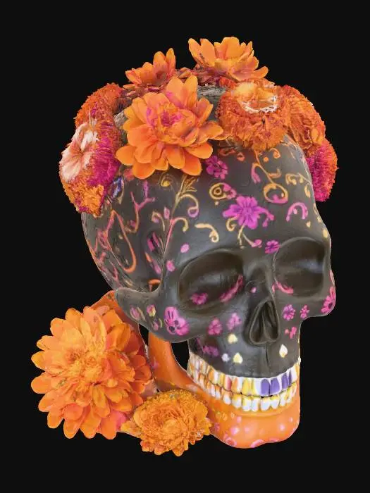 3D model for #Halloween2025#, An elaborate Dia de los Muertos alter stands, meticulously arranged. Multicolored sugar skulls and vibrant, glossy candies are stacked alongside plush, velvety marigold blooms in brilliant orange and gold. Slender, unlit incense sticks, dark and fragrant, stand upright, some with delicate ash residue. Soft, golden-brown Pan de Muertos, adorned with delicate bone-shaped dough, forms a comforting base. The collective textures range from sugary grit to petal softness and the airy crumb of bread.