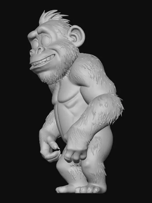 3D model for #thanksgiving#, An HD hyper realistic cartoon-style gorilla boasts meticulously detailed, individual strands of soft black fur, contrasting with smooth, ivory-toned skin on its face and hands. Its large, expressive cartoon eyes sparkle with curiosity, set above a playful, exaggerated grin. The body exhibits a bulky, agile build with defined musculature and a long, blending realistic anatomical fidelity with simplified, engaging cartoon aesthetics for a vivid, tactile appearance.