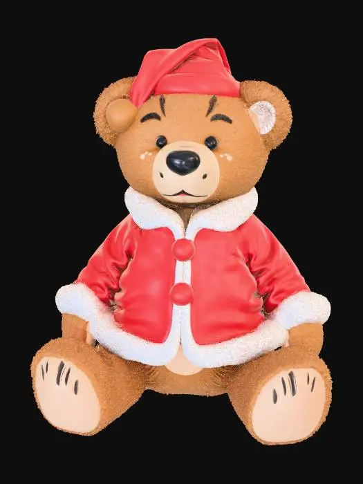 3D model for #Christmas2025#, A whimsical 3D figurine presents an adolescent brown bear, sculpted with soft, textured fur, sitting upright like a human. It wears a matte red resin Christmas jacket with sculpted white trim, its fabric folds clearly defined. Perched playfully on its head is a matching Santa hat. The charming ensemble rests on a sturdy, square, snow-textured white base, giving the figurine a solid, cool, and playful tactile quality.