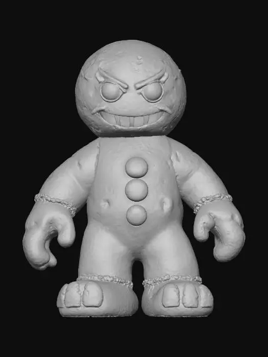 3D model for #Christmas2025#, A sinister humanoid gingerbread cookie villain stands tall, its robust, dark golden-brown baked dough body intricately textured with a slightly crumbly appearance. Sharp, jagged white icing details form a menacing grin and glowing red candy eyes. Its form is blocky and slightly warped, adorned with black licorice buttons and menacing, pointed caramel claws. This confectionery menace exudes a hard, sugary, and slightly rough tactile quality.