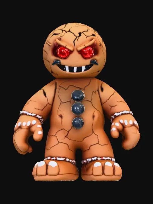 3D model for #Christmas2025#, A sinister humanoid gingerbread cookie villain stands tall, its robust, dark golden-brown baked dough body intricately textured with a slightly crumbly appearance. Sharp, jagged white icing details form a menacing grin and glowing red candy eyes. Its form is blocky and slightly warped, adorned with black licorice buttons and menacing, pointed caramel claws. This confectionery menace exudes a hard, sugary, and slightly rough tactile quality.