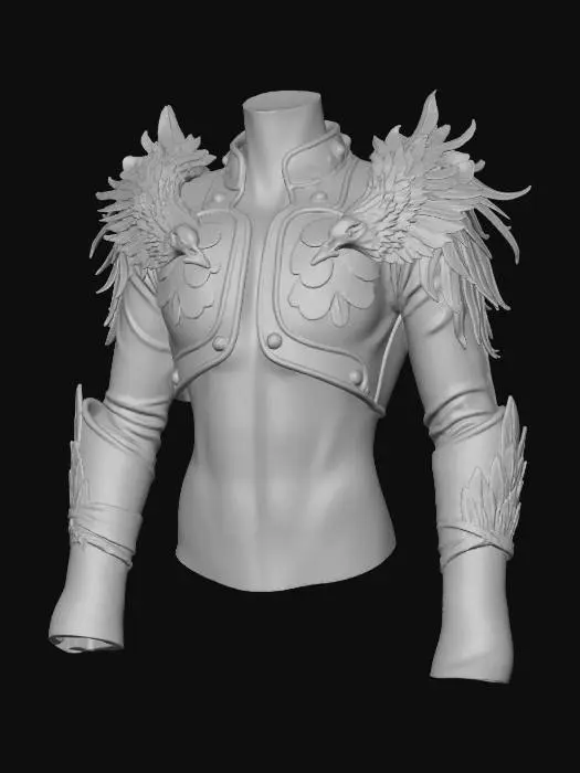 3D model for A formidable shoulder pauldron crafted from deep lavender, scaled draconic leather, meticulously textured with overlapping, semi-glossy scales. Integrated into its padding structure are vibrant phoenix feathers, glowing with fiery oranges and golds, cascading along its edge. The leather has a robust, slightly worn appearance, while the feathers are soft and flowing. This unique piece combines hard, scaly leather with delicate, warm feathers, creating a visually striking and contrasting tactile sensation.