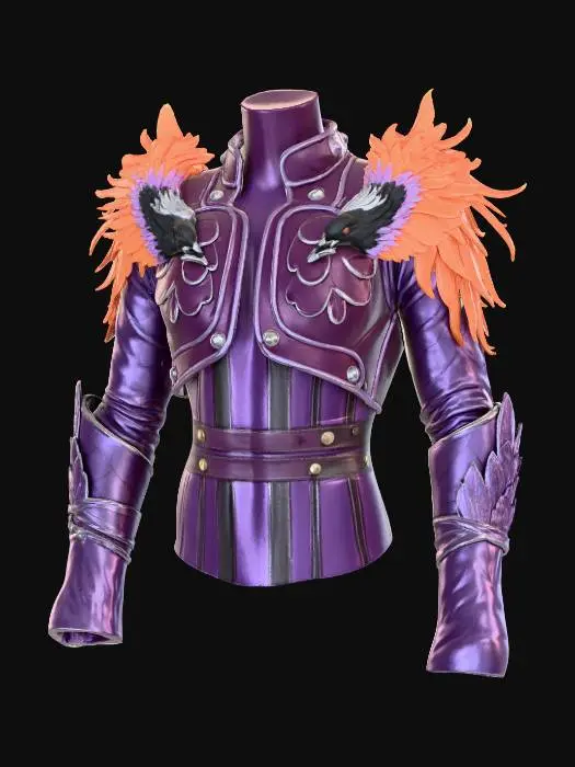 3D model for A formidable shoulder pauldron crafted from deep lavender, scaled draconic leather, meticulously textured with overlapping, semi-glossy scales. Integrated into its padding structure are vibrant phoenix feathers, glowing with fiery oranges and golds, cascading along its edge. The leather has a robust, slightly worn appearance, while the feathers are soft and flowing. This unique piece combines hard, scaly leather with delicate, warm feathers, creating a visually striking and contrasting tactile sensation.