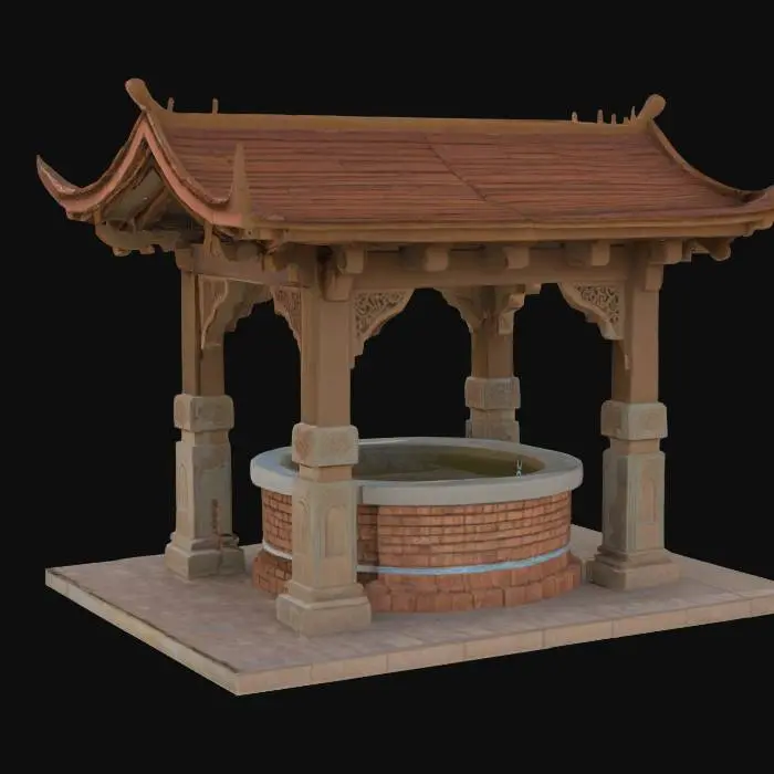 3D model for A Covered Water well with intricate Brick work and carved wooden pillars