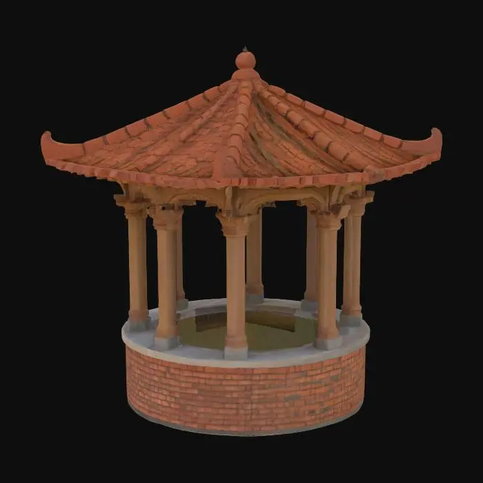3D model for A Covered Water well with intricate Brick work and carved wooden pillars