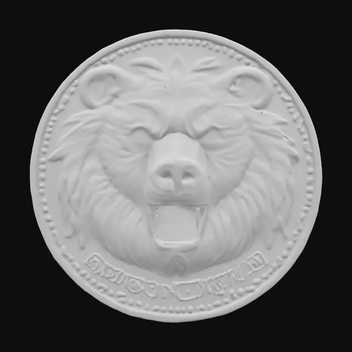 3D model for #emblem#,  A large Coin with the head of a bear holding an emerald in its mouth, highly detailed fur, gold coin, with the text "Ursus" "Incarnate" around the edge of the coin, bronze fur, 